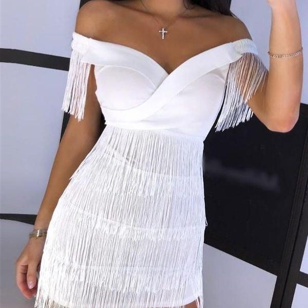 Solid Off Shoulder Tassel Design Dress women white tassel details mini dresses club party dresses vestidos - Takalr