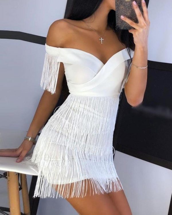 Solid Off Shoulder Tassel Design Dress women white tassel details mini dresses club party dresses vestidos - Takalr