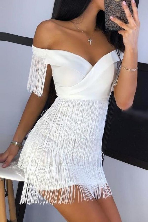 Solid Off Shoulder Tassel Design Dress women white tassel details mini dresses club party dresses vestidos - Takalr