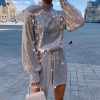 Solid Ong Sleeve Sequined Dress Women High Neck Casual Loose High Waist Sequins Dress Streetwear  Party Dresses - Takalr