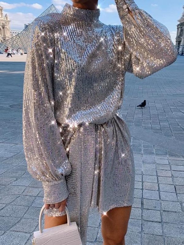 Solid Ong Sleeve Sequined Dress Women High Neck Casual Loose High Waist Sequins Dress Streetwear  Party Dresses - Takalr