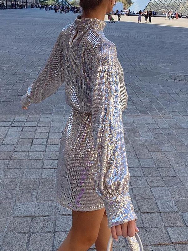 Solid Ong Sleeve Sequined Dress Women High Neck Casual Loose High Waist Sequins Dress Streetwear  Party Dresses - Takalr