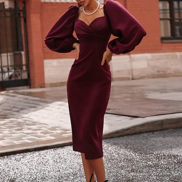 Solid Puff Sleeve Midi Dress Women Strapless Long Sleeve Dress Elegant Ladies Bodycon Party Dresses Black Wine Red Vestidos Robe - Takalr