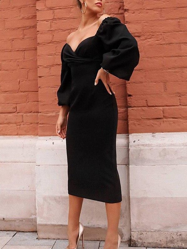 Solid Puff Sleeve Midi Dress Women Strapless Long Sleeve Dress Elegant Ladies Bodycon Party Dresses Black Wine Red Vestidos Robe - Takalr