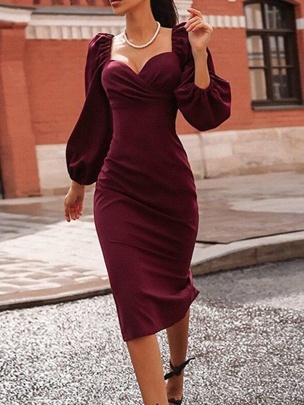 Solid Puff Sleeve Midi Dress Women Strapless Long Sleeve Dress Elegant Ladies Bodycon Party Dresses Black Wine Red Vestidos Robe - Takalr