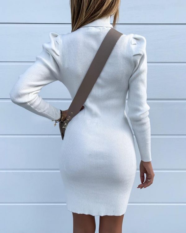 Solid Ribbed Puff Sleeve Bodycon Dress women white mini pencil dress - Takalr