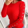 Solid Ribbed Round Neck Buttoned Detail Shirt Women Solid Red Long Sleeve T Shirt - Takalr