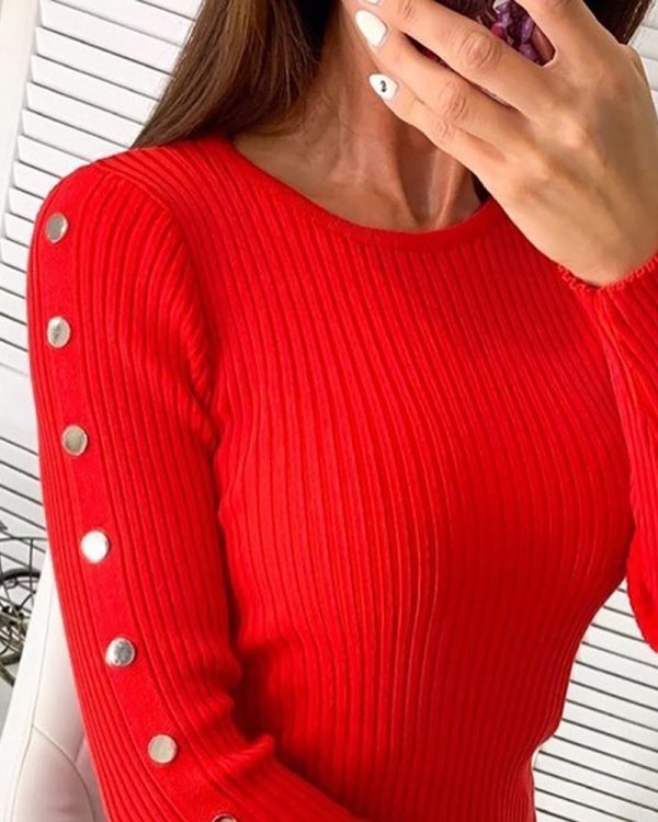 Solid Ribbed Round Neck Buttoned Detail Shirt Women Solid Red Long Sleeve T Shirt - Takalr