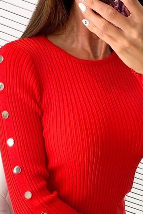 Solid Ribbed Round Neck Buttoned Detail Shirt Women Solid Red Long Sleeve T Shirt - Takalr