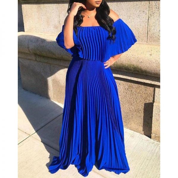 Solid Ruffles Off Shoulder Pleated Dress Women Solid Color Blue Summer Dress Elegant High Waist Maxi Dresses Robe Femme - Takalr