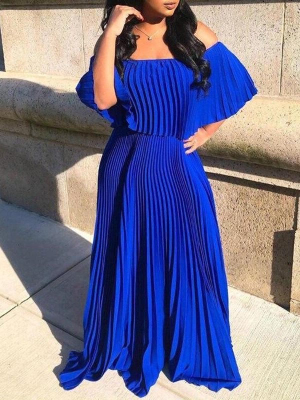 Solid Ruffles Off Shoulder Pleated Dress Women Solid Color Blue Summer Dress Elegant High Waist Maxi Dresses Robe Femme - Takalr