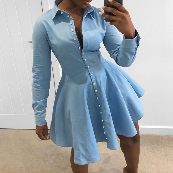 Solid Single Breasted A-Line Shirt Dress Women Long Sleeve Turn Down Collar Pleated Dress Winter Short Vestidos - Takalr