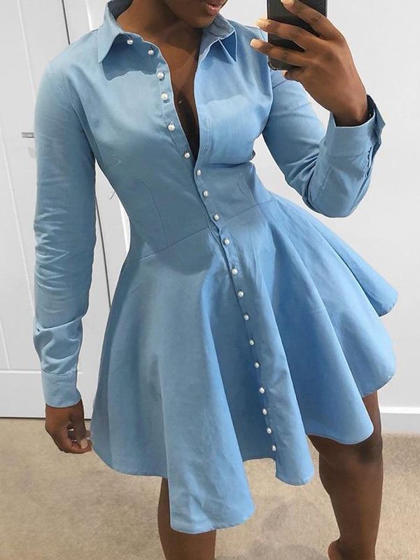 Solid Single Breasted A-Line Shirt Dress Women Long Sleeve Turn Down Collar Pleated Dress Winter Short Vestidos - Takalr