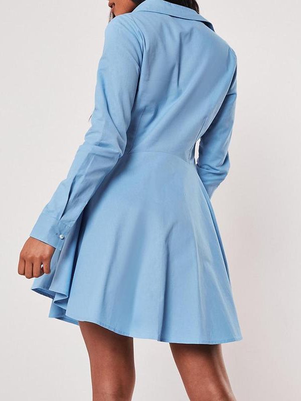 Solid Single Breasted A-Line Shirt Dress Women Long Sleeve Turn Down Collar Pleated Dress Winter Short Vestidos - Takalr