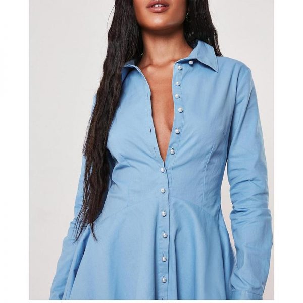 Solid Single Breasted A-Line Shirt Dress Women Long Sleeve Turn Down Collar Pleated Dress Winter Short Vestidos - Takalr