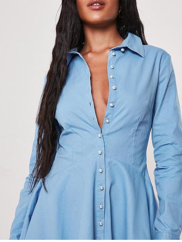 Solid Single Breasted A-Line Shirt Dress Women Long Sleeve Turn Down Collar Pleated Dress Winter Short Vestidos - Takalr