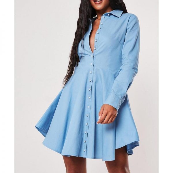 Solid Single Breasted A-Line Shirt Dress Women Long Sleeve Turn Down Collar Pleated Dress Winter Short Vestidos - Takalr