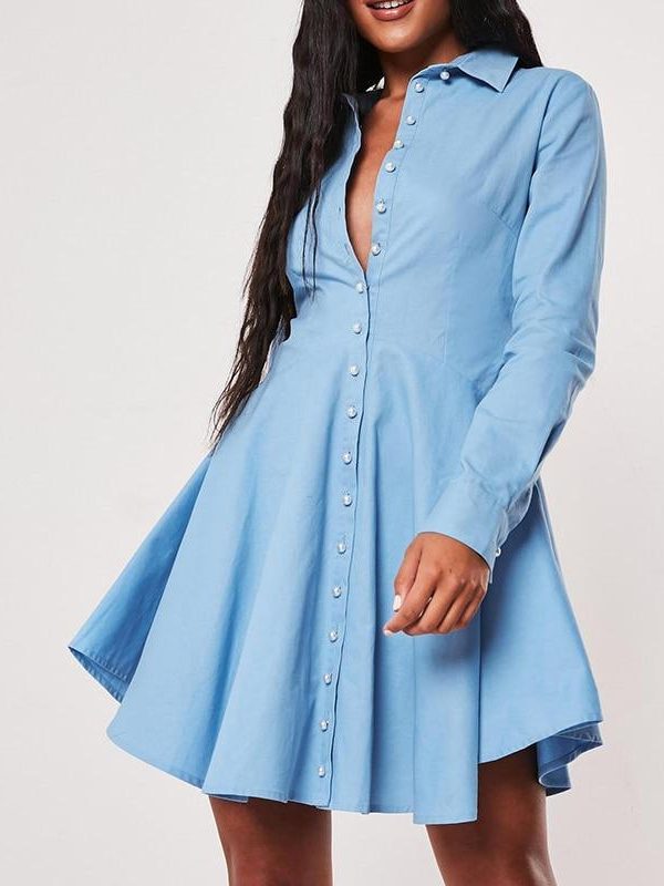 Solid Single Breasted A-Line Shirt Dress Women Long Sleeve Turn Down Collar Pleated Dress Winter Short Vestidos - Takalr