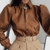 Solid Turn-down Collar Puff Sleeve Buttoned PU Shirt - Takalr