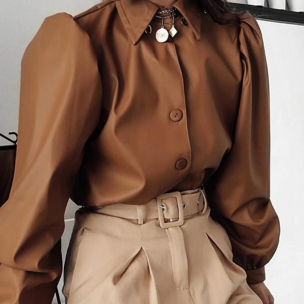 Solid Turn-down Collar Puff Sleeve Buttoned PU Shirt - Takalr