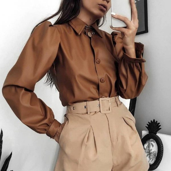 Solid Turn-down Collar Puff Sleeve Buttoned PU Shirt - Takalr