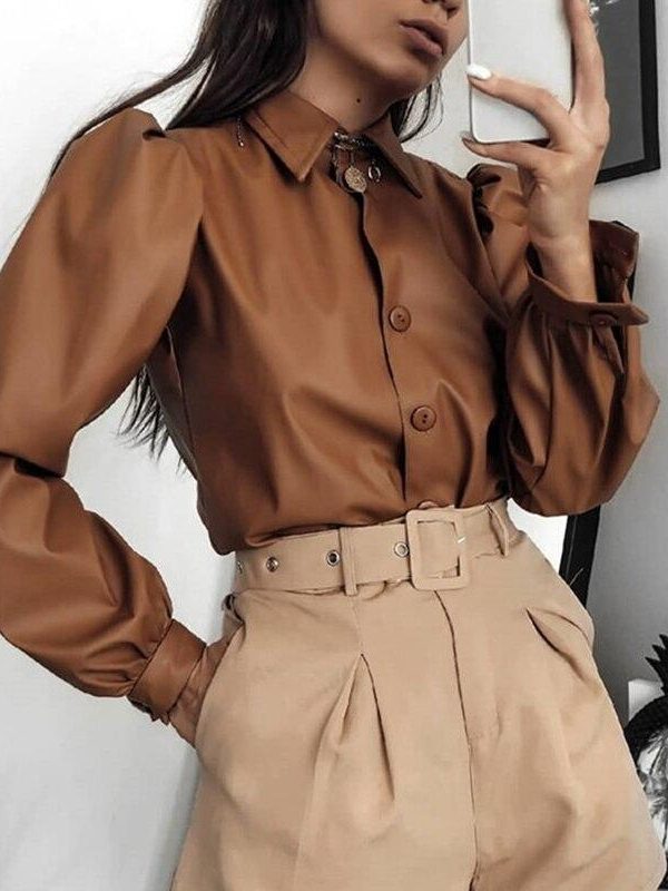 Solid Turn-down Collar Puff Sleeve Buttoned PU Shirt - Takalr