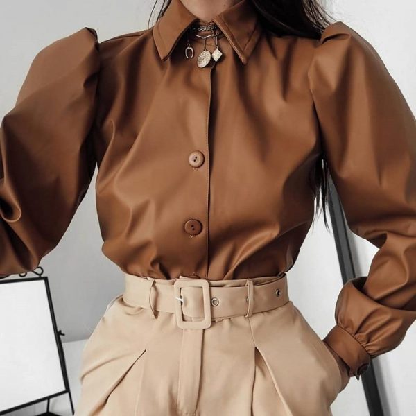 Solid Turn-down Collar Puff Sleeve Buttoned PU Shirt - Takalr