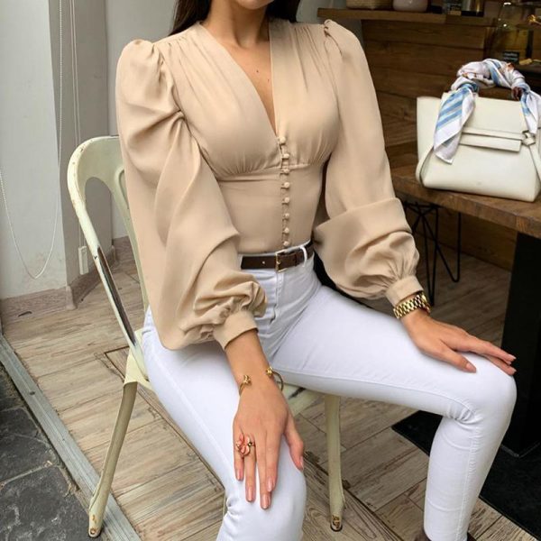 Solid Women Long Sleeve T Shirt Summer Casual Tops V-neck Button Lantern Sleeve TShirt Elegant Office Workwear Top Blusa Mujer - Takalr