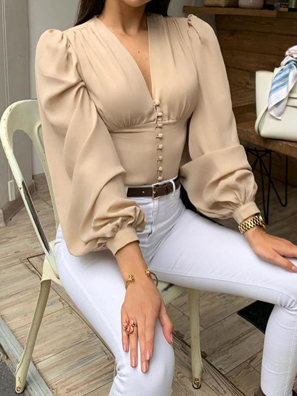 Solid Women Long Sleeve T Shirt Summer Casual Tops V-neck Button Lantern Sleeve TShirt Elegant Office Workwear Top Blusa Mujer - Takalr