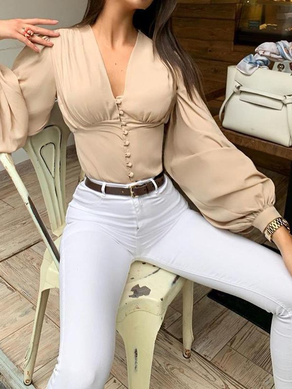 Solid Women Long Sleeve T Shirt Summer Casual Tops V-neck Button Lantern Sleeve TShirt Elegant Office Workwear Top Blusa Mujer - Takalr