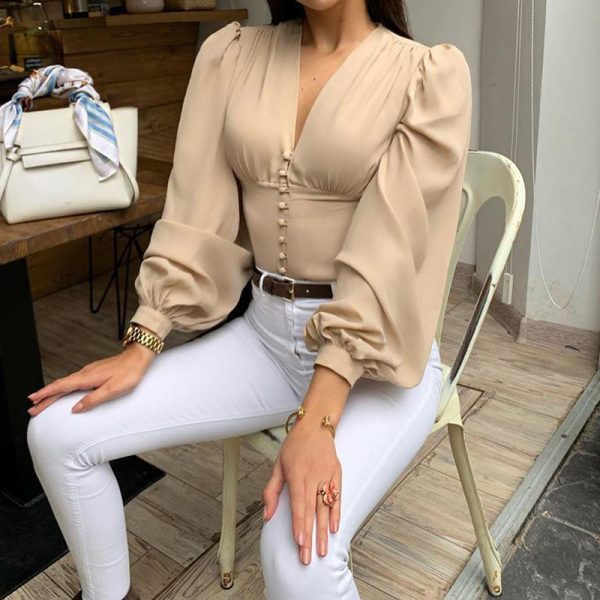 Solid Women Long Sleeve T Shirt Summer Casual Tops V-neck Button Lantern Sleeve TShirt Elegant Office Workwear Top Blusa Mujer - Takalr