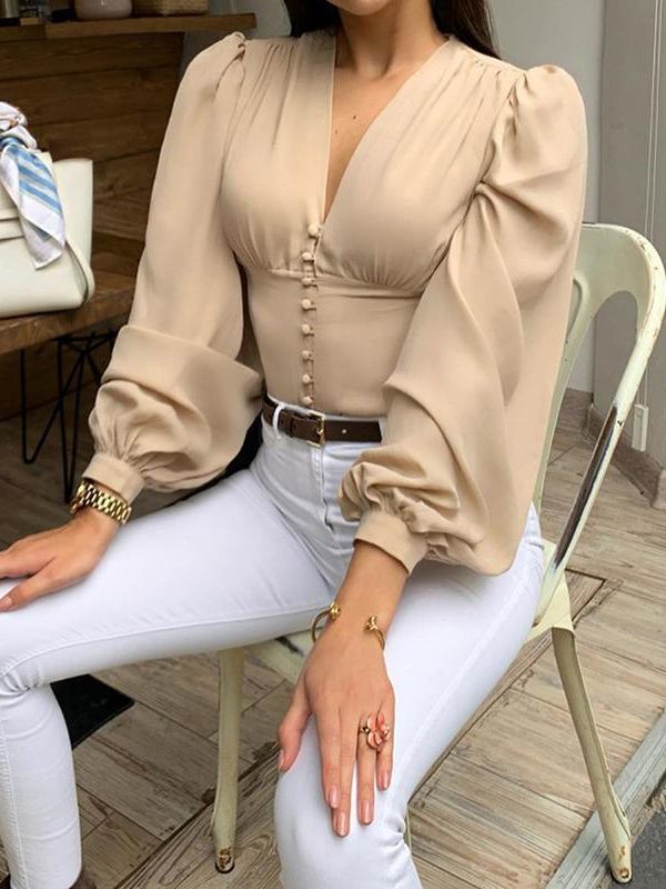 Solid Women Long Sleeve T Shirt Summer Casual Tops V-neck Button Lantern Sleeve TShirt Elegant Office Workwear Top Blusa Mujer - Takalr