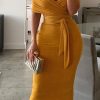 Solid Yellow Off Shoulder Wrap Dress Women Ruched Designed Sashes Midi Dress Slim Fit Party Dresses Robe Femme - Takalr