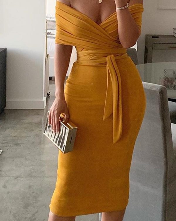 Solid Yellow Off Shoulder Wrap Dress Women Ruched Designed Sashes Midi Dress Slim Fit Party Dresses Robe Femme - Takalr