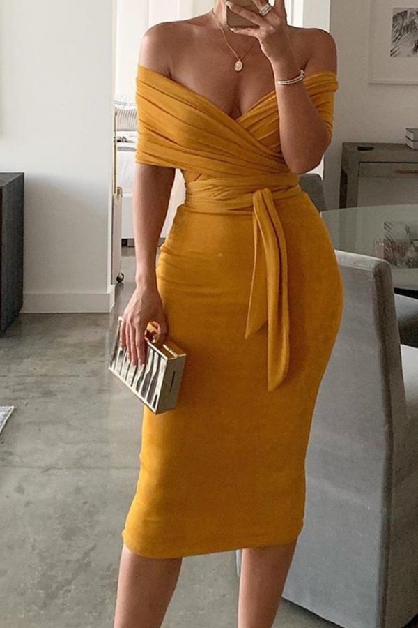 Solid Yellow Off Shoulder Wrap Dress Women Ruched Designed Sashes Midi Dress Slim Fit Party Dresses Robe Femme - Takalr