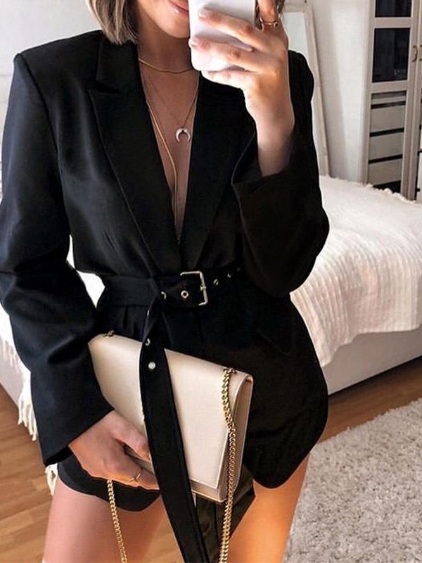 Solid black women blazer Nothched sashes wrap blazer coat Streetwear Elegant ladies veste longue femme blazers and jackets - Takalr