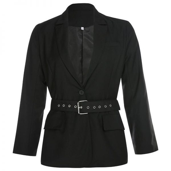 Solid black women blazer Nothched sashes wrap blazer coat Streetwear Elegant ladies veste longue femme blazers and jackets - Takalr