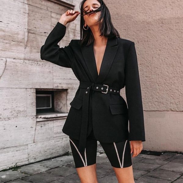 Solid black women blazer Nothched sashes wrap blazer coat Streetwear Elegant ladies veste longue femme blazers and jackets - Takalr