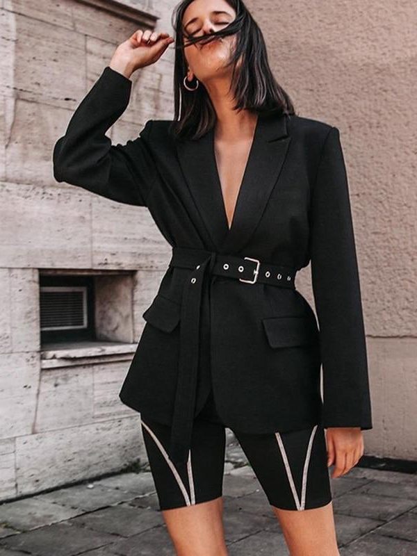 Solid black women blazer Nothched sashes wrap blazer coat Streetwear Elegant ladies veste longue femme blazers and jackets - Takalr