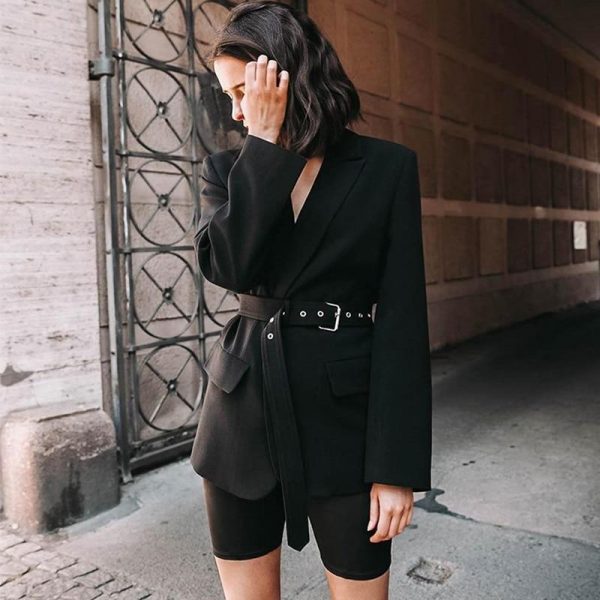 Solid black women blazer Nothched sashes wrap blazer coat Streetwear Elegant ladies veste longue femme blazers and jackets - Takalr