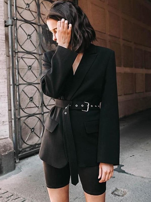 Solid black women blazer Nothched sashes wrap blazer coat Streetwear Elegant ladies veste longue femme blazers and jackets - Takalr