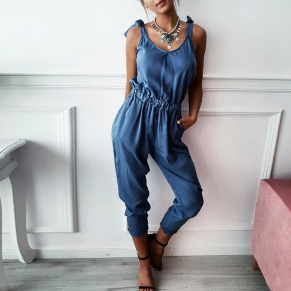 Solid color long jumpsuit for women Sleeveless casual rompers womens jumpsuit Summer elastic waist overalls femme bodysuit - Takalr