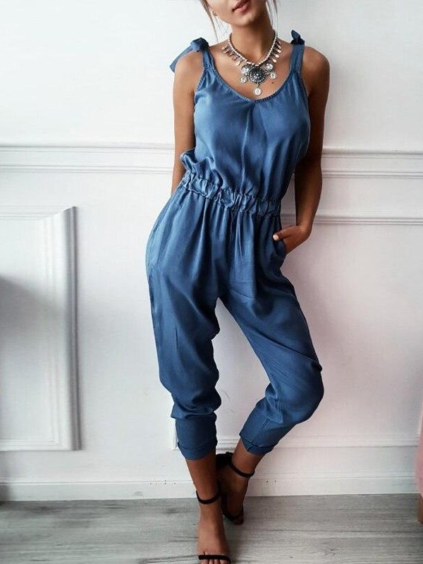 Solid color long jumpsuit for women Sleeveless casual rompers womens jumpsuit Summer elastic waist overalls femme bodysuit - Takalr