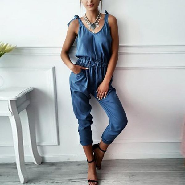 Solid color long jumpsuit for women Sleeveless casual rompers womens jumpsuit Summer elastic waist overalls femme bodysuit - Takalr