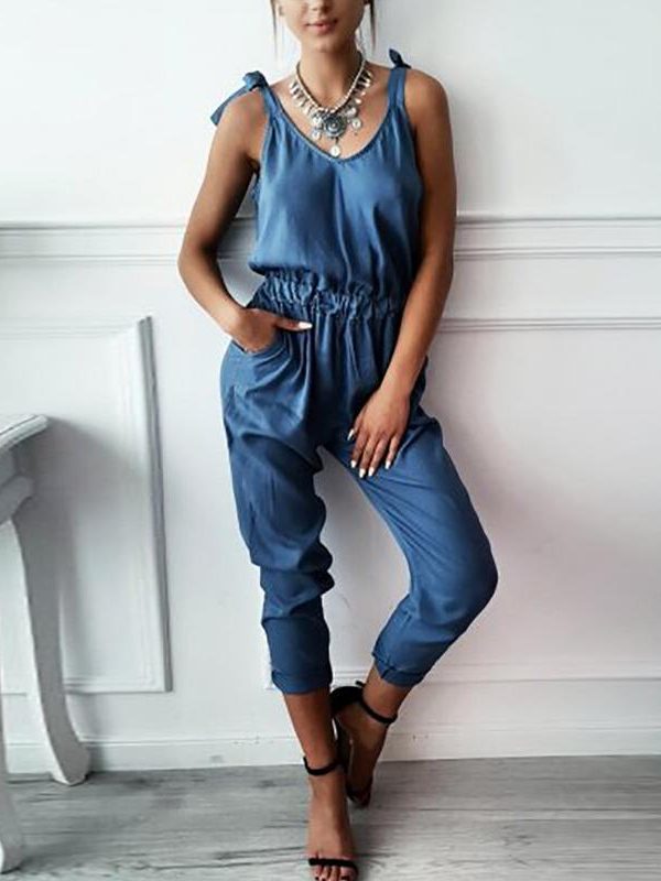 Solid color long jumpsuit for women Sleeveless casual rompers womens jumpsuit Summer elastic waist overalls femme bodysuit - Takalr