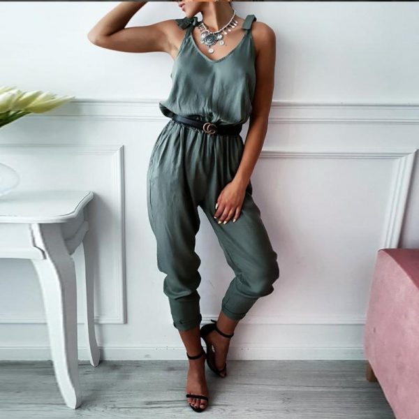 Solid color long jumpsuit for women Sleeveless casual rompers womens jumpsuit Summer elastic waist overalls femme bodysuit - Takalr