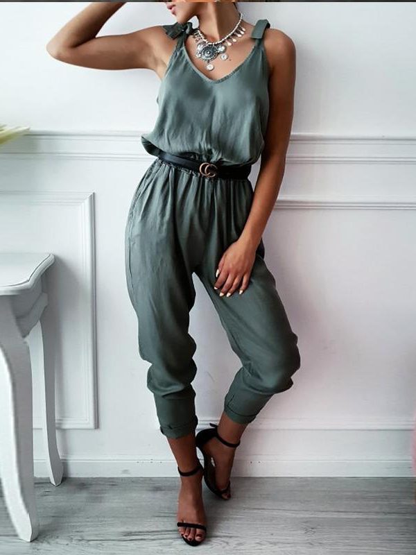 Solid color long jumpsuit for women Sleeveless casual rompers womens jumpsuit Summer elastic waist overalls femme bodysuit - Takalr