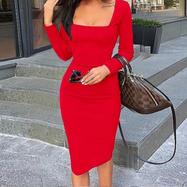 Solid color square collar long sleeve bodycon dress Women slim fit knee summer dress  Elegatn office workwear vestidos mujer - Takalr