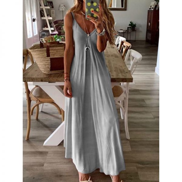 Solid color v neck dress women Spaghetti strap draped summer beach dress 2019 Casual long maxi dresses robe femme vestidos mujer - Takalr