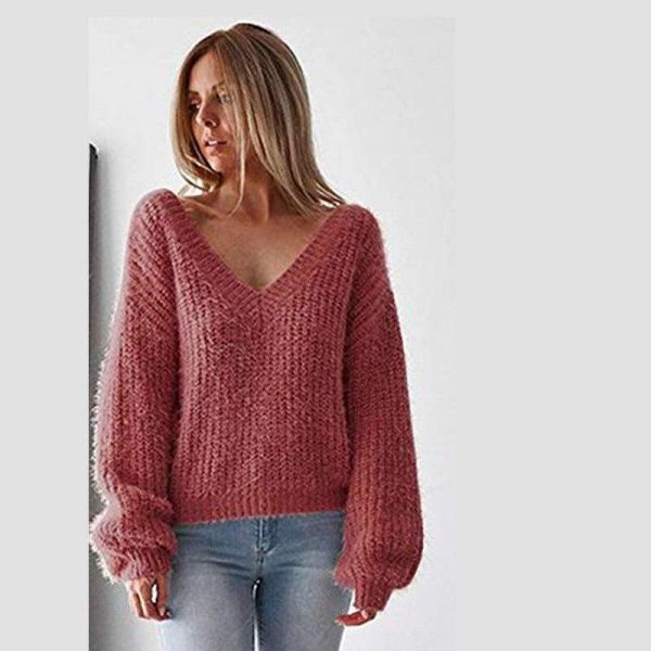 Solid color v neck knitted sweater women Casual loose back lace up winter warm sweater Autumn knitting pullover jumper - Takalr